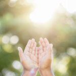 Praying male hands for hope stretch into the sky on nature background with sun light. Religion and belief concept.