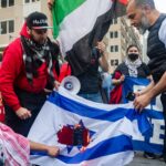 NEW YORK, UNITED STATES - May 15, 2021: Pro-Palestine, anti-Israel protesters hold a rally in New York City during fighting between Israel and Hamas in the Gaza Strip