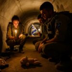 A female and two male israeli soldiers in the concrete tunnels of Gaza. On the ground a small teddy bear is lying. There are dirty clothes on the floor. The female soldier holds a candle in her hand. One of the male soldiers is holding the Israeli flag in