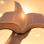 Hand holding bible book up to the sunny sky. Religious belief, faith and worship concept.