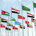 League of Arab States, the flags of the 22 Arab countries ripple in the sky with the flag of the League of Arab States