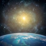 A lone star above the planet Earth. View from space to the starry sky and the planet Earth. Elements of this image furnished by NASA.