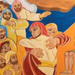 FORLÍ, ITALY - NOVEMBER 11, 2021:  The modern fresco Josephs brothers return to Egyptin the church Chiesa di San Giuseppe Artigiano by Franco Vignazia (2019).