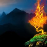 Burning bush on top of a mountain biblical story concept. Religious conceptual theme with copy space.