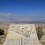 Aerial view from Mount Nebo and plaque showing the distance from Mount Nebo to various locations, Jordan, Middle East.