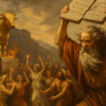 The prophet Moses sees the golden calf and the dancing people and becomes angry and breaks the tablets with the 10 Commandments in Judea