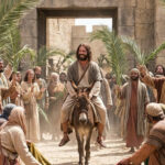 Joyful crowd of bible people, excited and happy. Laying coats on the ground, waving palm branches. Jesus rides on a young donkey to enter Jerusalem as the king. Beautiful depiction of the triumphal entry, palm sunday.